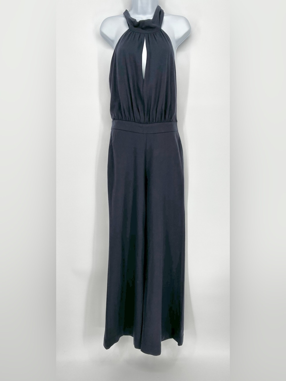 ABS Allen Schwartz Navy Satin Halter Keyhole Wide Leg Jumpsuit Tie Back 6